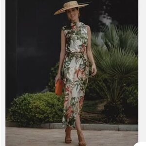 TROPICAL PRINT MIDI DRESS ECRU / GREEN . Size M